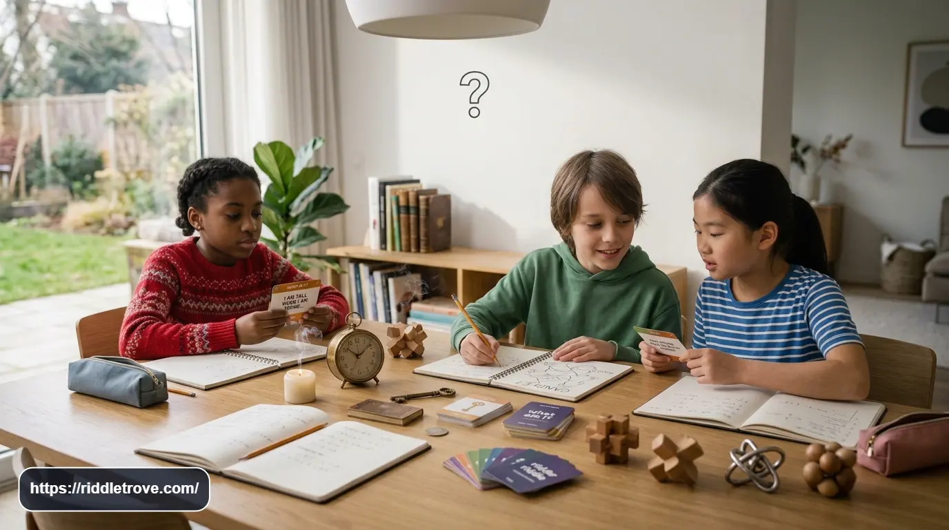 Tween friends solving What Am I riddles with clues and puzzle cards