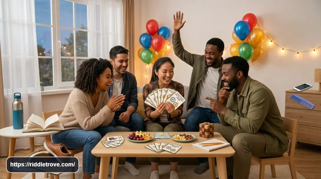 Group guessing answers to What Am I icebreaker riddles together

