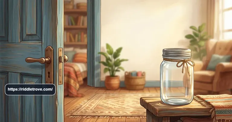 Partly open door beside a glass jar representing the classic door riddle