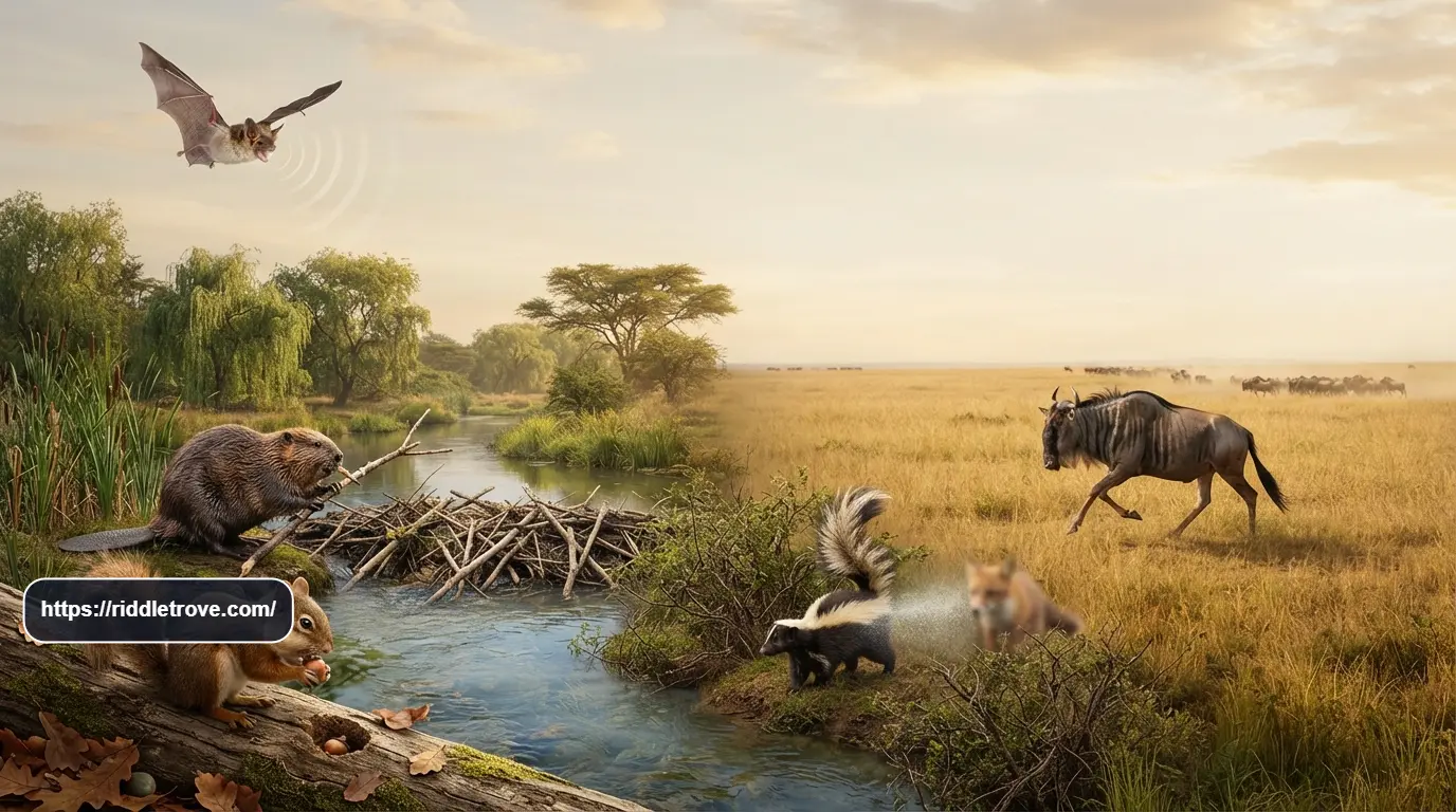 Wild animals showing different behaviors used in animal riddles

