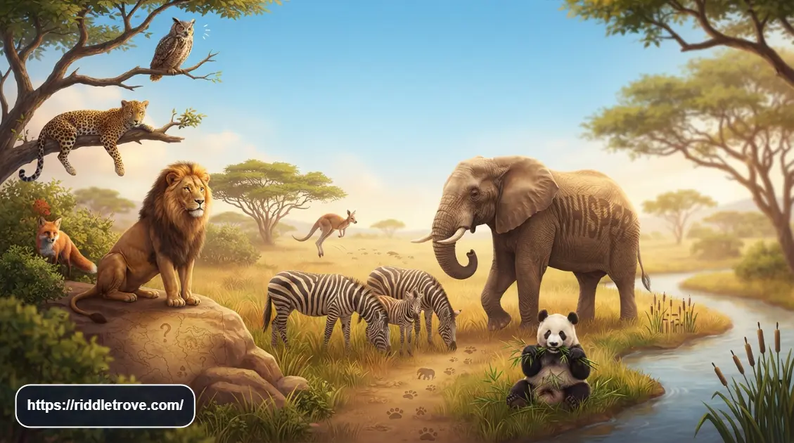 Children solving wild animal riddles surrounded by diverse wildlife
