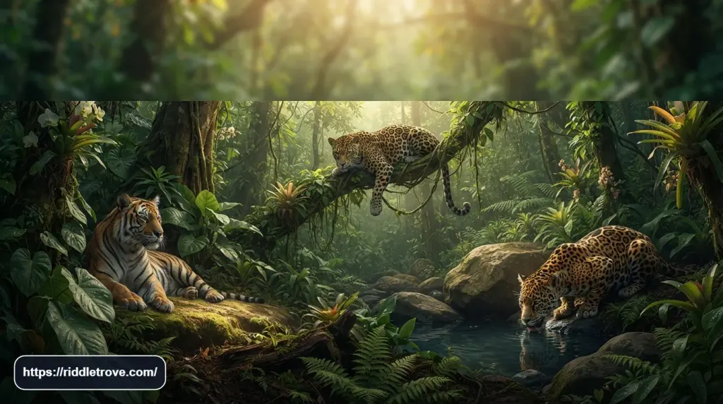 Tiger leopard and jaguar hidden among dense jungle foliage