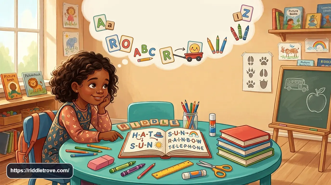 Six-year-old child solving wordplay riddles with colorful alphabet cards and familiar picture clues.