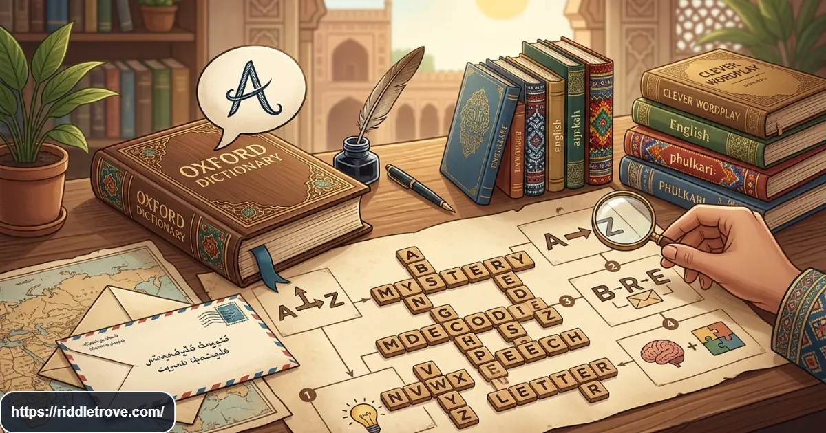 Alphabet letters and puzzle pieces representing wordplay riddles