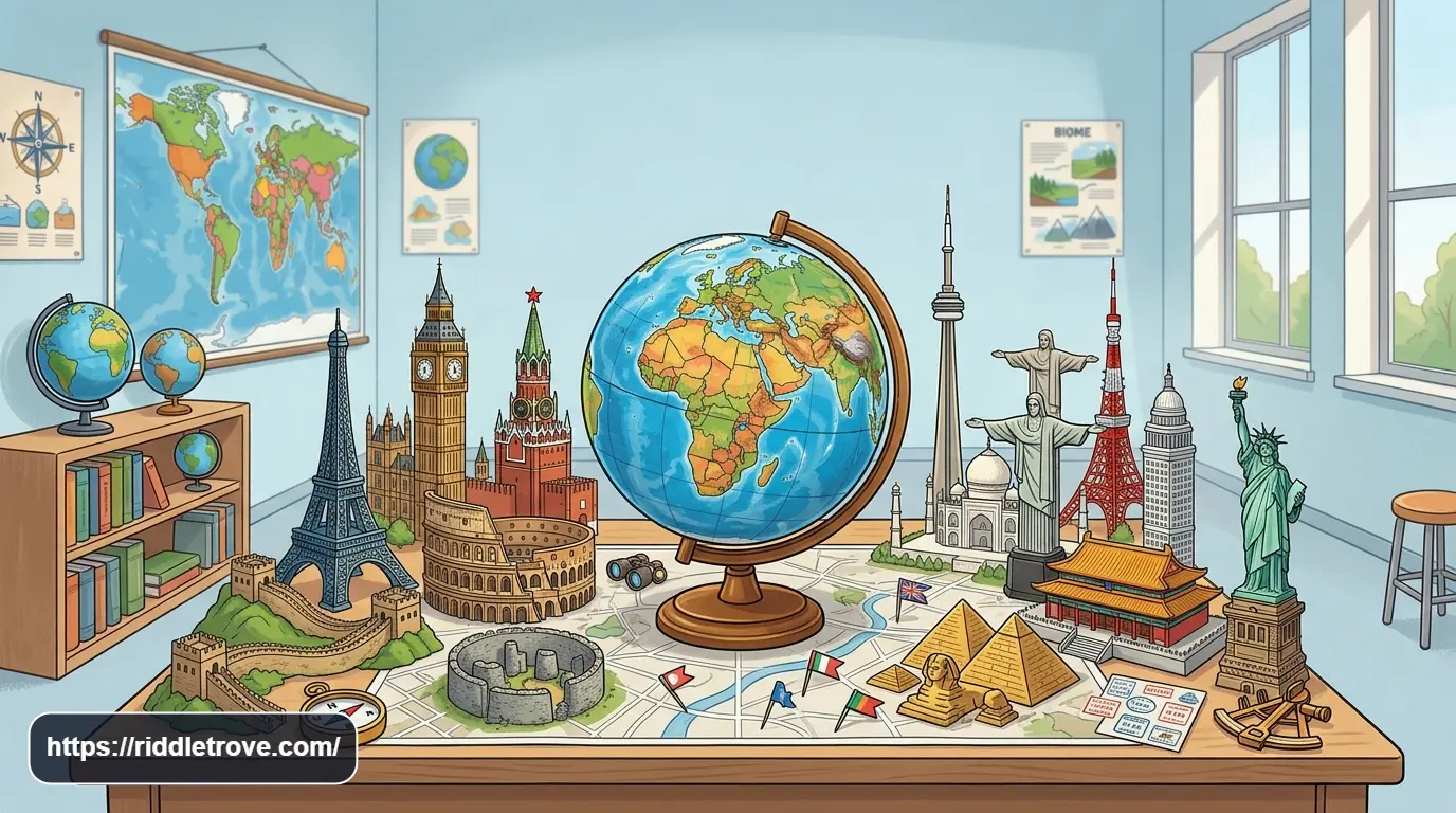 World capital landmarks surrounding a globe for a geography riddle challenge