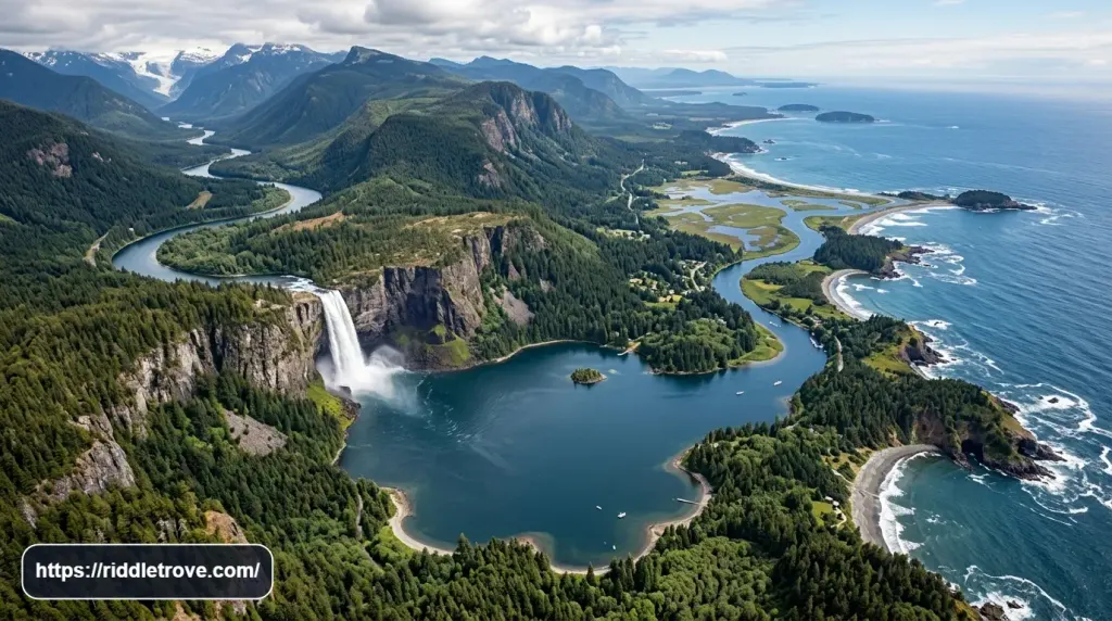 River lake waterfall and ocean scenes representing water geography riddles