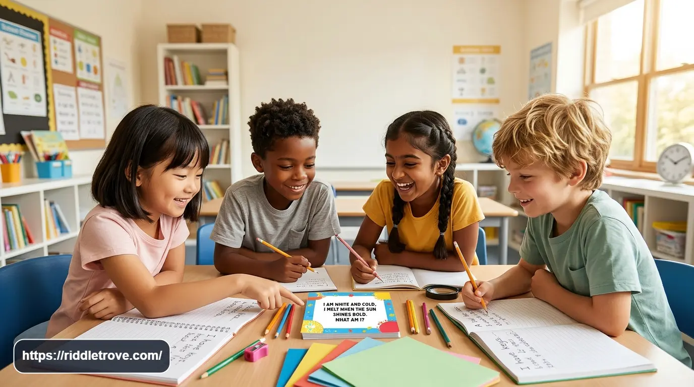 Kids solving short writing riddles with pencils, paper, and notebooks