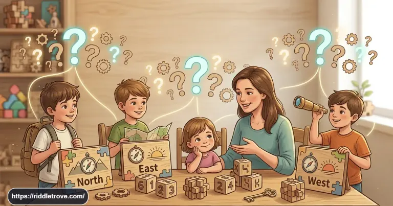Family riddle showing four children with North East West direction clues