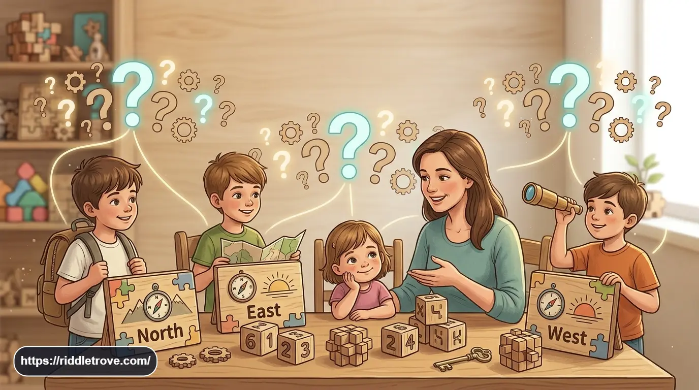 Family riddle showing four children with North East West direction clues