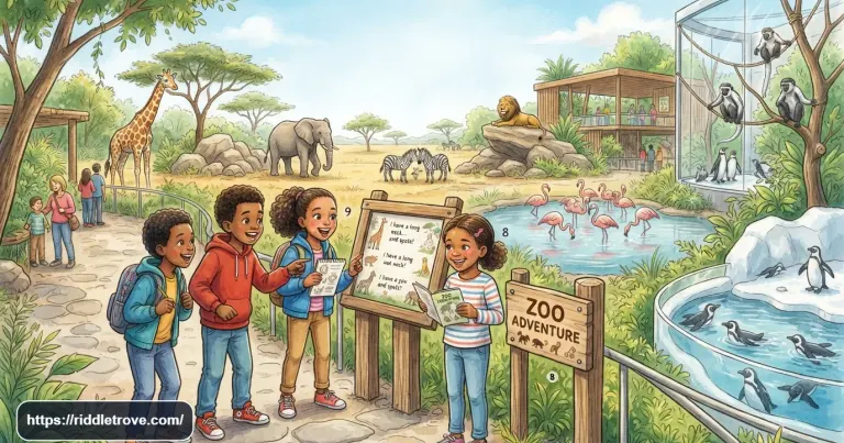 Colorful zoo animals gathered around a child solving animal riddles