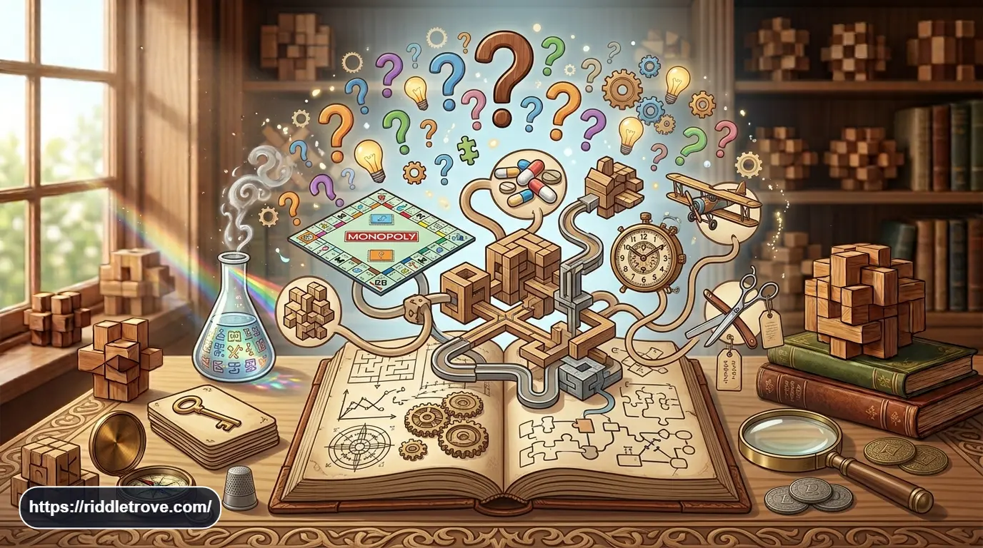 Create a challenging brain puzzle illustration featuring a Monopoly-style game board, pills, clock, airplane, barber tools, glass with light passing through it, and complex puzzle pieces. Intense thinking atmosphere without being dark, polished editorial style, realistic details, family-friendly, no readable text, wide horizontal composition.